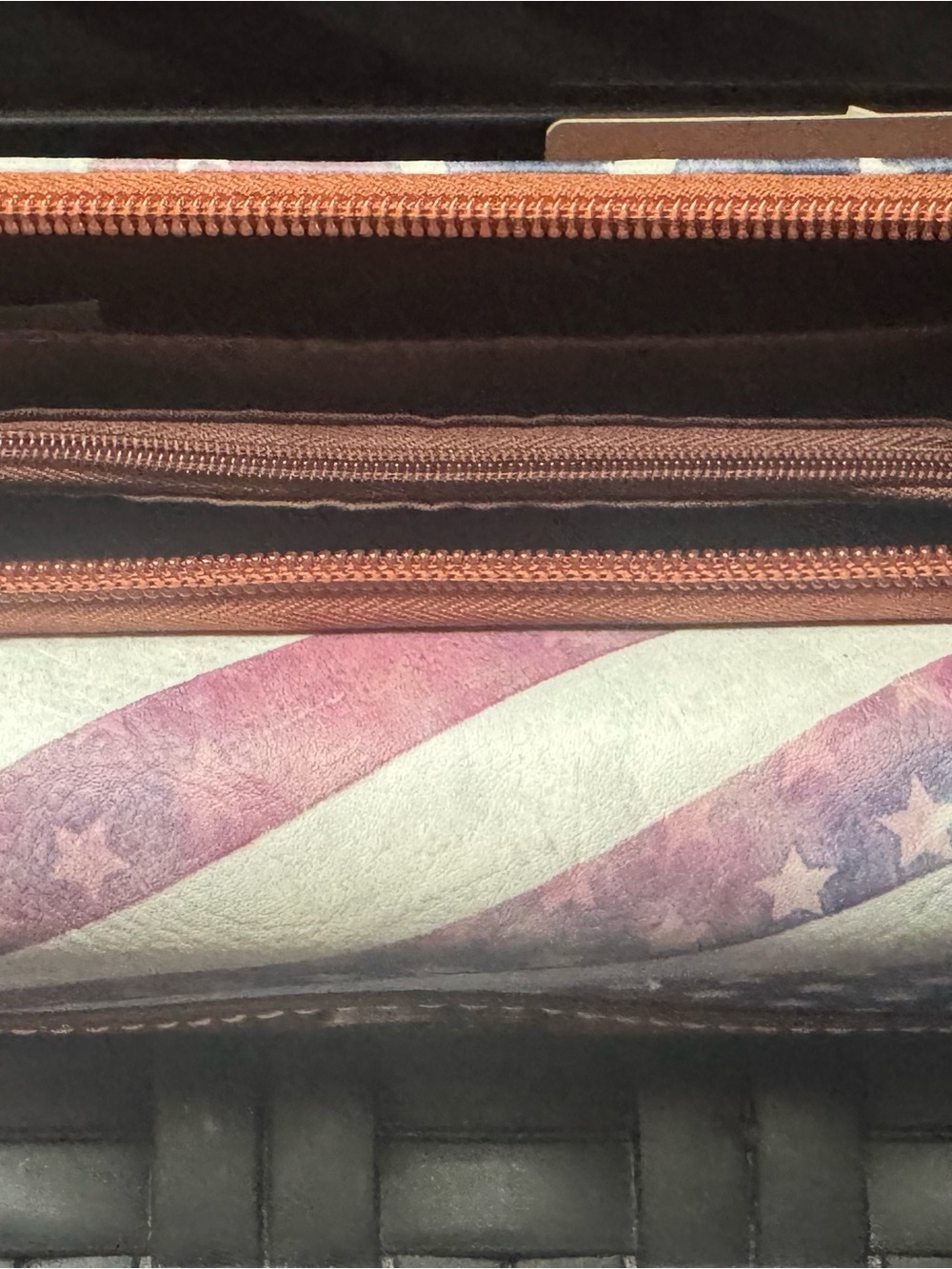 b.o.c. Tri-Fold Wallet with Distressed American Flag and Brown Trim boc - Picture 3 of 8